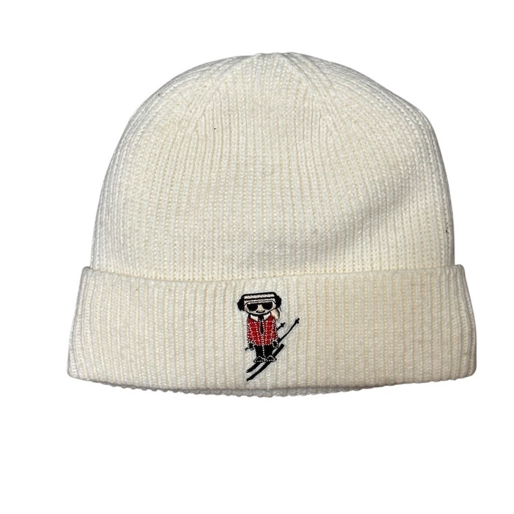 Karl‎ Lagerfeld Paris Ski Bear Cuffed Beanie Hat Ivory One Size Winter